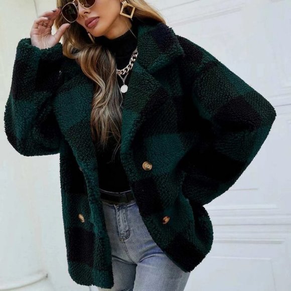 Black And Green checkered Preppy Womens faux fur Teddy Coat - Picture 4 of 4